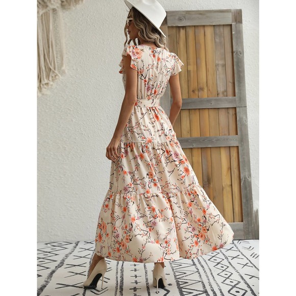 Floral Print Butterfly Sleeve Ruffle Hem Belted maxi Dress cream orange boho - Picture 2 of 12